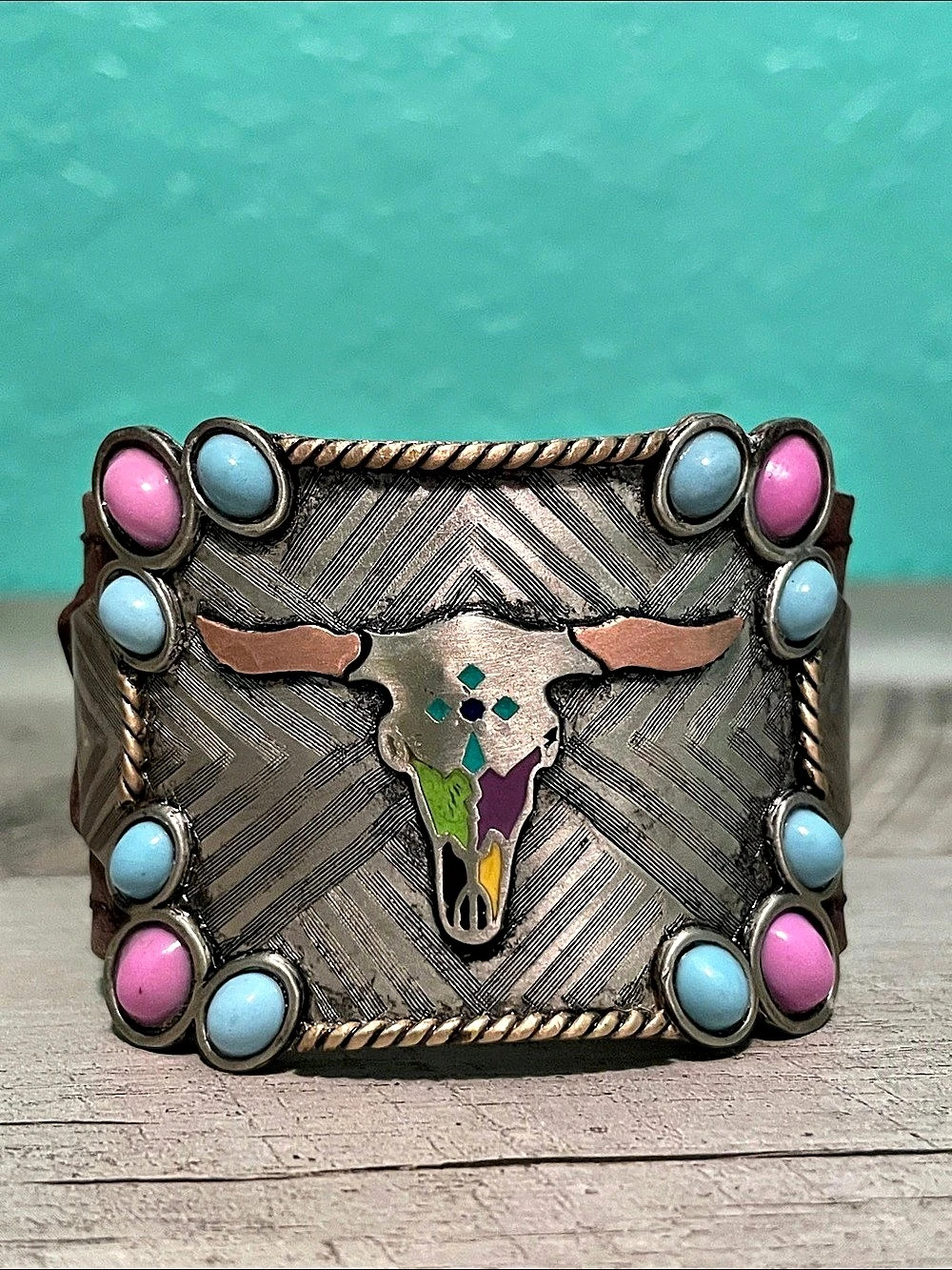 Augus Western Geometric Leather Cuff in Brown & Silver